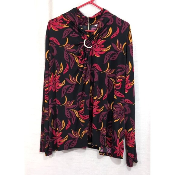 Liz Claiborne Blouse Womens 3X Black Floral Scroll Keyhole Ring Neck Long Sleeve - Picture 1 of 16